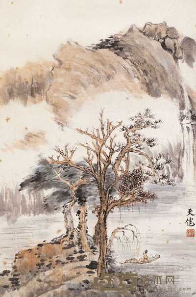 贺天健 泛舟图 镜心 54.5×36cm